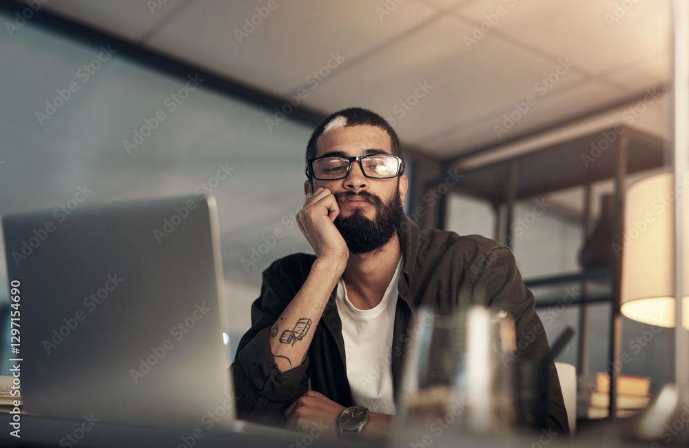 Aufkleber Bored, design and laptop with programmer man in office at night for coding or computer engineering. Creative, programming and thinking with employee at desk in workplace for project deadline