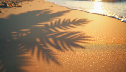 Tropical palm shadow on golden sand at sunrise, serene tranquility