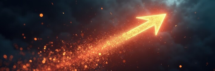 A vibrant, glowing arrow emerges from dark clouds, symbolizing progress and direction. ideal for motivational and branding projects.