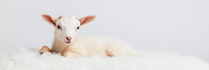 Fototapeta premium A baby goat is laying on a white blanket. The goat is looking at the camera with a curious expression. Concept of innocence and curiosity, as the baby goat seems to be exploring its surroundings