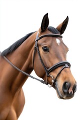 Obraz premium A brown horse with a bridle on its head. The bridle is black and has a silver ring