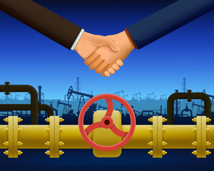 Handshake of two businessmen against the background of a landscape with oil or gas rigs and pipeline. Vector illustration