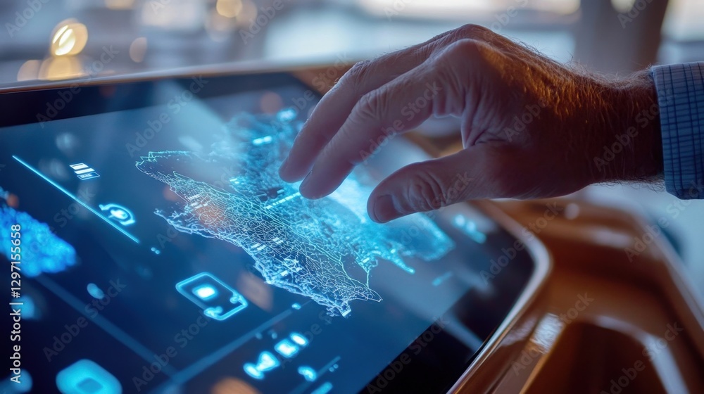 Poster businessman interacting with a futuristic touchscreen displaying a city map with network connections