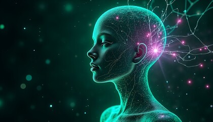 glowing, translucent human face made of interconnected neural networks and flowing data streams emerges from a dark, digital background