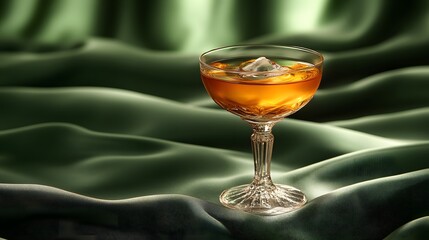 Beautifully crafted cocktail glass elegantly displayed against vibrant vintage green drapery, encapsulating classic charm in old-fashioned style.