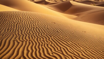 Naklejka premium A tranquil desert scene highlighting endless, undisturbed sand dunes with unique, wavy patterns etched by nature.