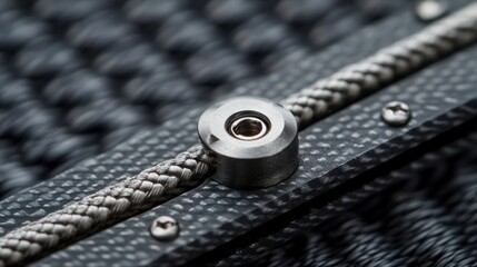 Close-up of metal attachment on dark textured surface with rope