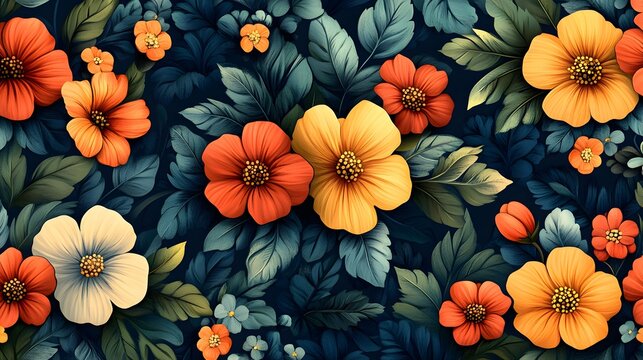 Charming Modern Cute Floral Art Deco Seamless Pattern Emphasizing Lush Greenery and Blossoms in a Tranquil Botanical Design