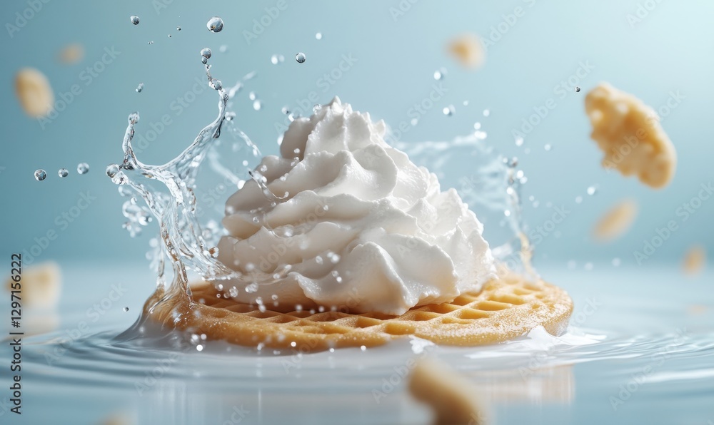 Poster delicious waffle topped with a generous swirl of whipped cream splashes through water with crumbs fl