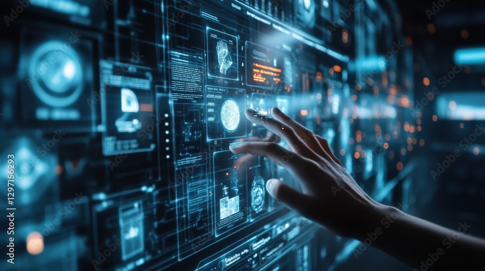 Poster hand interacting with a complex digital interface, managing data and charts in a futuristic technolo