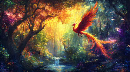 Obraz premium Fantasy Phoenix Soaring Through Vibrant Cloudscape