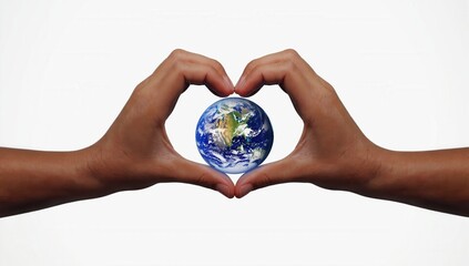 Two hands forming a heart shape around a small Earth, symbolizing love for the planet, global unity, environmental protection, sustainability, and the shared responsibility of humanity