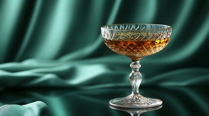 Beautifully crafted cocktail glass elegantly displayed against vibrant vintage green drapery, encapsulating classic charm in old-fashioned style.