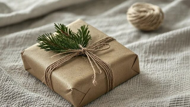 Ecofriendly gift wrapping with natural twine and pine decoration on cozy fabric background