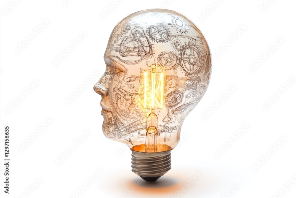Poster a lightbulb shaped like a head, filled with intricate gears and a glowing filament, symbolizing inte