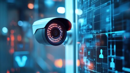 Closeup of a security camera mounted in a corner equipped with advanced IoT capabilities. The lens glimmers in the light surrounded by an interactive AR display showing a live analysis
