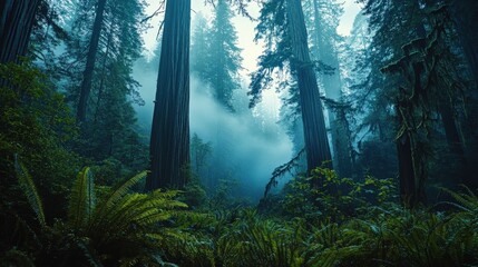 Naklejka premium Mystical Misty Forest with Towering Redwoods in Enchanting Fog