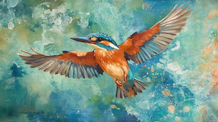 Fototapeta premium Majestic Kingfisher Soaring Above Water - Vibrant Wildlife Photography