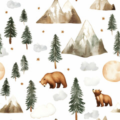 Nature inspired seamless pattern featuring bears, mountains, and evergreen trees in a cozy woodland setting. Seamless pattern. Generative AI