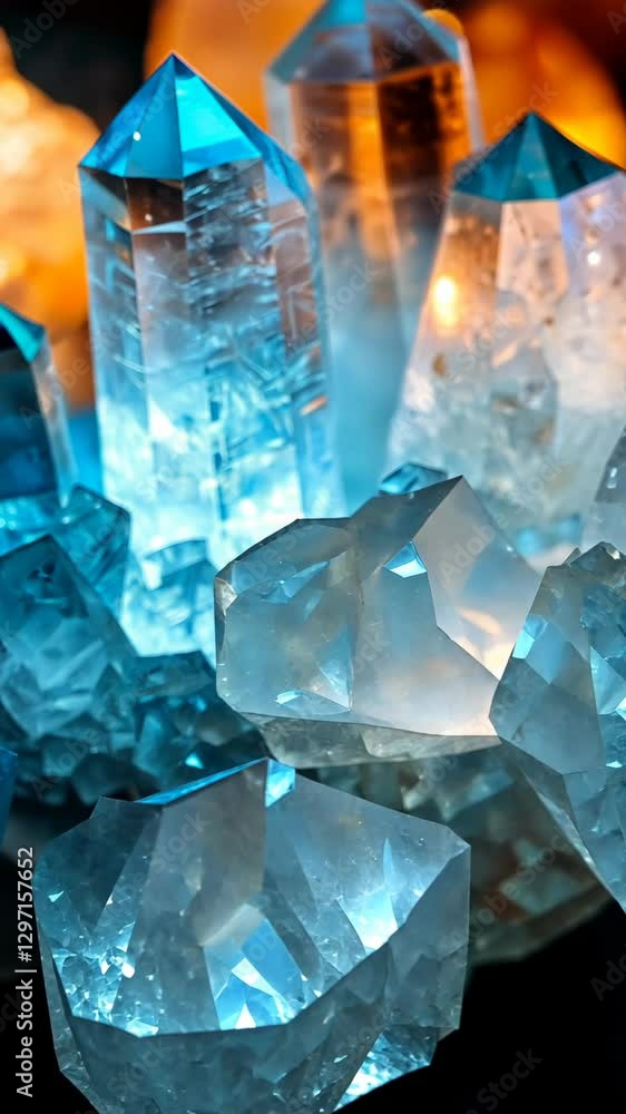 Poster beautiful display of sparkling crystals in various hues and shapes illuminated by soft light at a ma