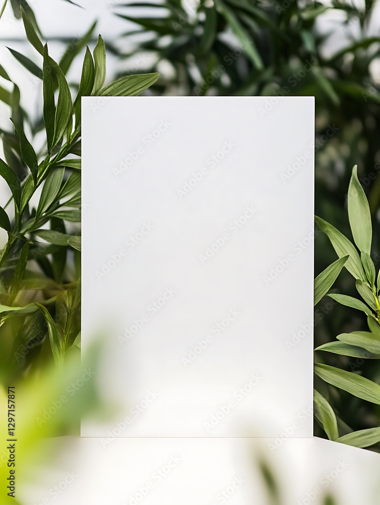 Poster a minimalistic blank card surrounded by lush green foliage, perfect for adding your own personalized