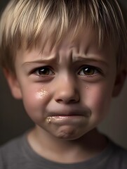 Emotional Portrait of a Sad Boy with Tearful Eyes and Expressive Face in a Dramatic Close-Up  
