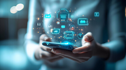 Digital interaction with mobile technology and data visualization in a modern workspace