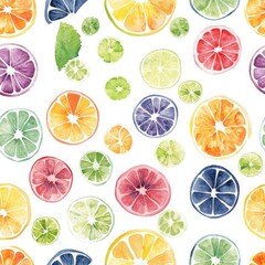 Fototapeta premium Vibrant mosaic of summer fruits in soft pastel tones on a white background. Generative AI