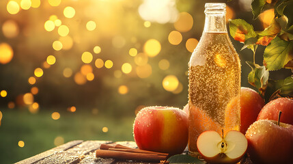 Refreshing apple cider in a glass bottle surrounded by fresh apples on a wooden table during golden hour
