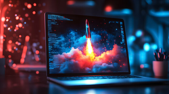 Creative workspace featuring a vibrant computer screen with a rocket launch visualization and colorful ambient lighting