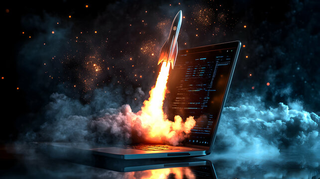 Rocket launching from laptop symbolizes innovation and futuristic technology in a digital space setting