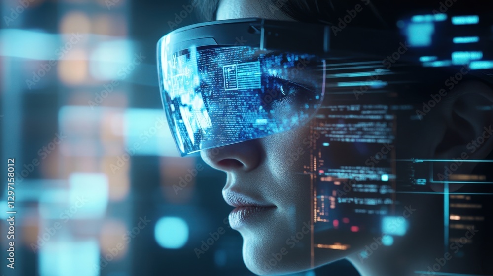 Aufkleber software engineer wearing augmented reality glasses analyzes holographic data and code in a futurist