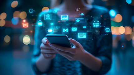 Engaging in digital communication with smartphone surrounded by glowing icons in a vibrant urban setting at night