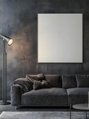 Dark modern living room mockup with a blank canvas on the textured charcoal wall. Luxurious dark gray sofa, floor lamp, and moody lighting create an elegant and sophisticated ambiance.
