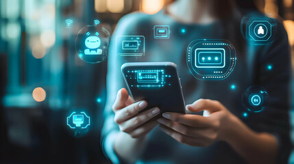 Engaging with technology through a smartphone while experiencing digital interaction in a modern setting