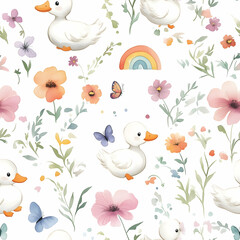 Obraz premium Playful ducklings and blooming flowers create a joyful seamless pattern for cheerful decor. Seamless pattern. Generative AI