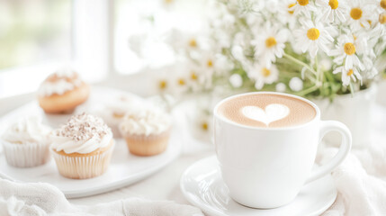 Coffee cup with heart latte art and cupcakes on white table
