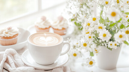 Coffee cup with heart latte art and cupcakes on white table