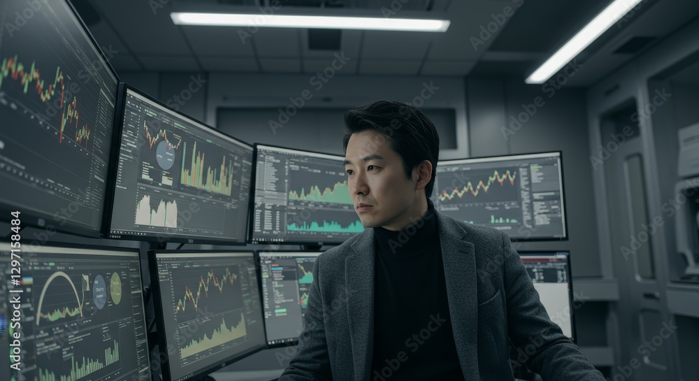 Poster analyzing financial data in a modern tech environment - a businessman reviews transparent background