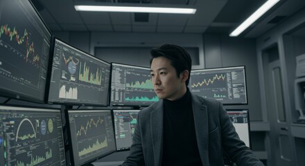 Fototapeta premium Analyzing Financial Data in a Modern Tech Environment - A businessman reviews transparent background financial data on multiple screens. Concepts: Technology, finance, analysis, investment, success