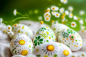 Fototapeta premium Hand-painted Easter eggs with delicate floral patterns , fresh green daisies and yellow accents, colored easter eggs, fresh spring green . For Easter, spring and eco-friendly holiday decor.