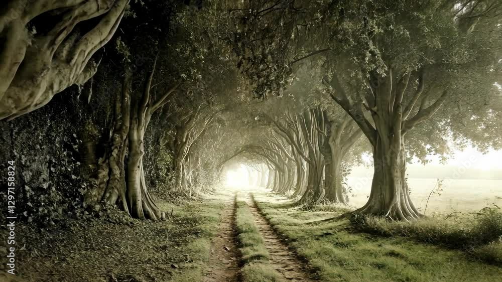Aufkleber enchanted pathway through ancient trees leads to a distant light in a forest setting