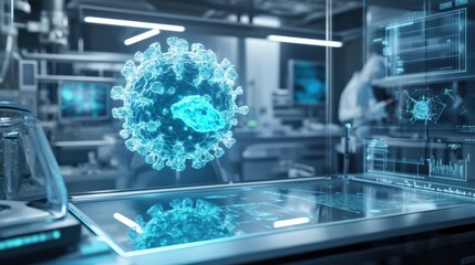An advanced laboratory scene featuring a 3D hologram of a virus particle with interactive controls allowing scientists to manipulate the view while smart sensors detect environmental