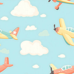 Colorful vintage airplanes fly across a soft blue sky with fluffy clouds creating a whimsical and playful backdrop. Seamless pattern. Generative AI
