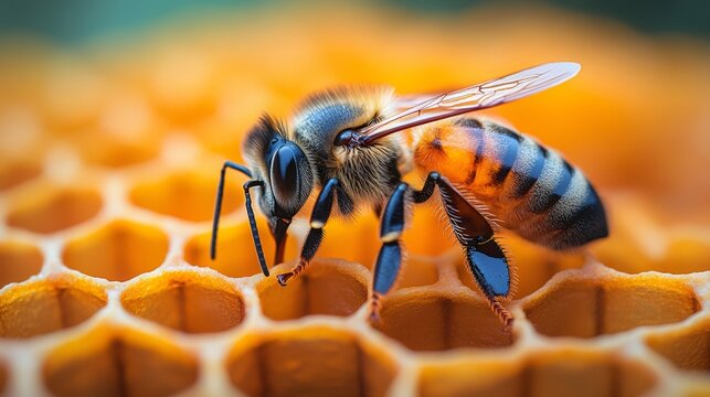 Honey bee standing on honeycomb working in honey production
