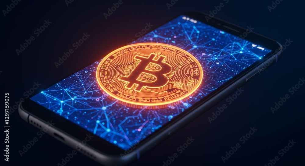 Aufkleber bitcoin symbol illuminated on smartphone screen - glowing bitcoin symbol displayed on a smartphone s