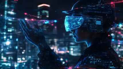 Innovative technology emerges as operator explores virtual reality in a futuristic cityscape at night