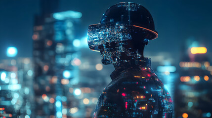 Virtual reality headset user engages with futuristic cityscape at night