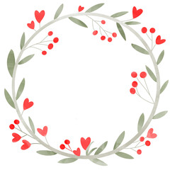 Watercolor wreath with leaves, berries and hearts on transparent background PNG