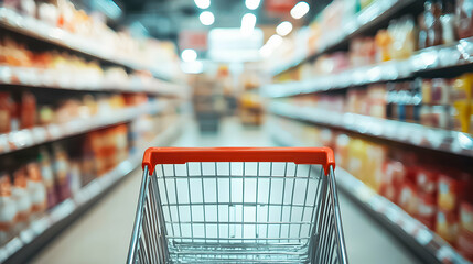 Shopping cart waits in a supermarket aisle filled with colorful product shelves and bright lighting